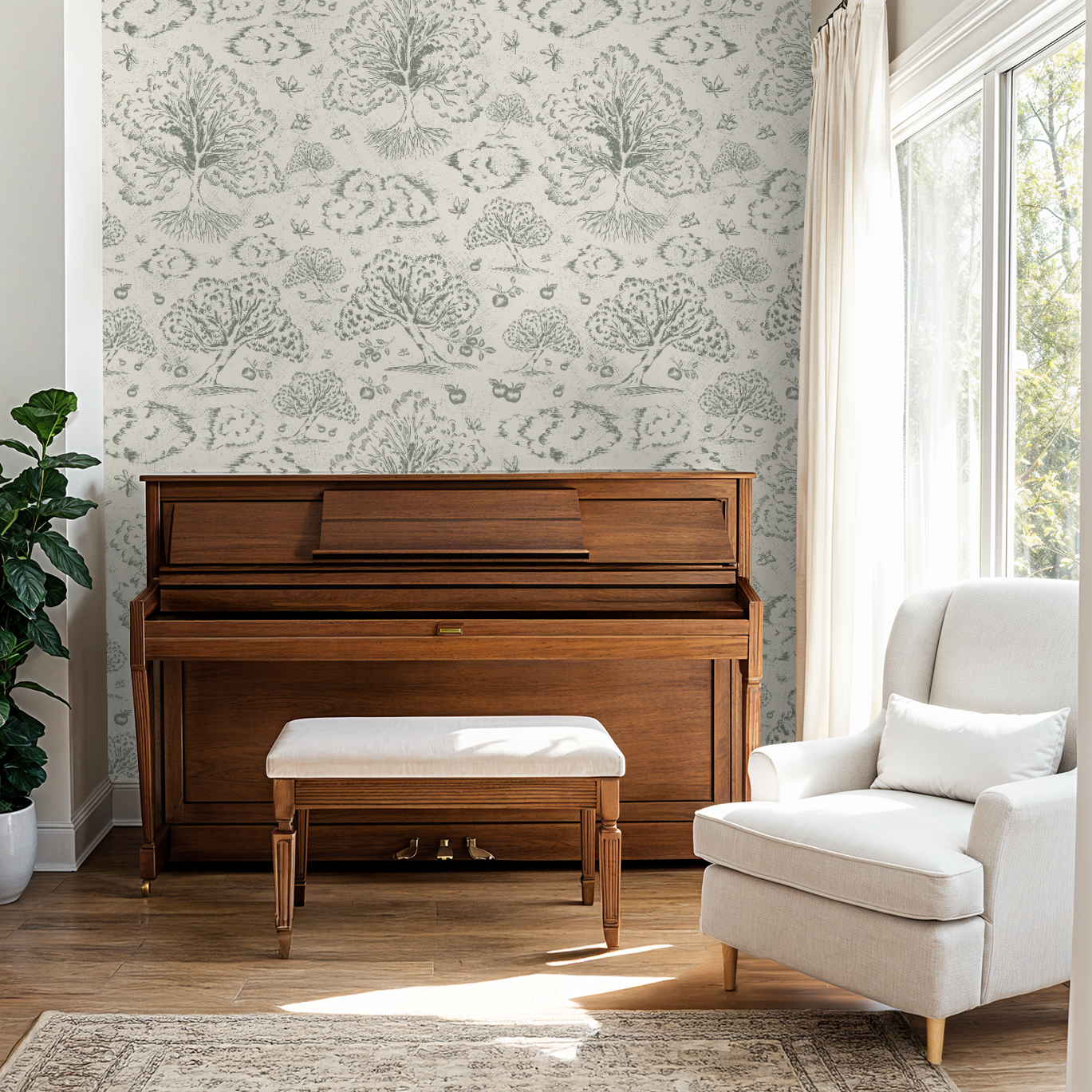 Orchard Folklore Toile - Olive Green Ivory Texture