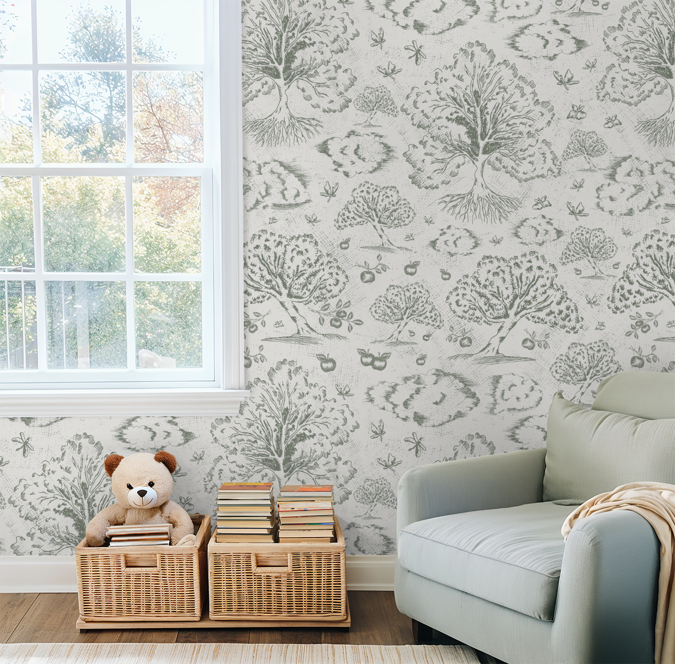 Orchard Folklore Toile - Olive Green Off White Texture