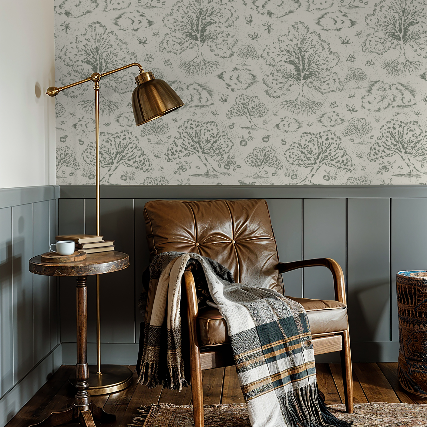 Orchard Folklore Toile - Olive Green Ivory Texture