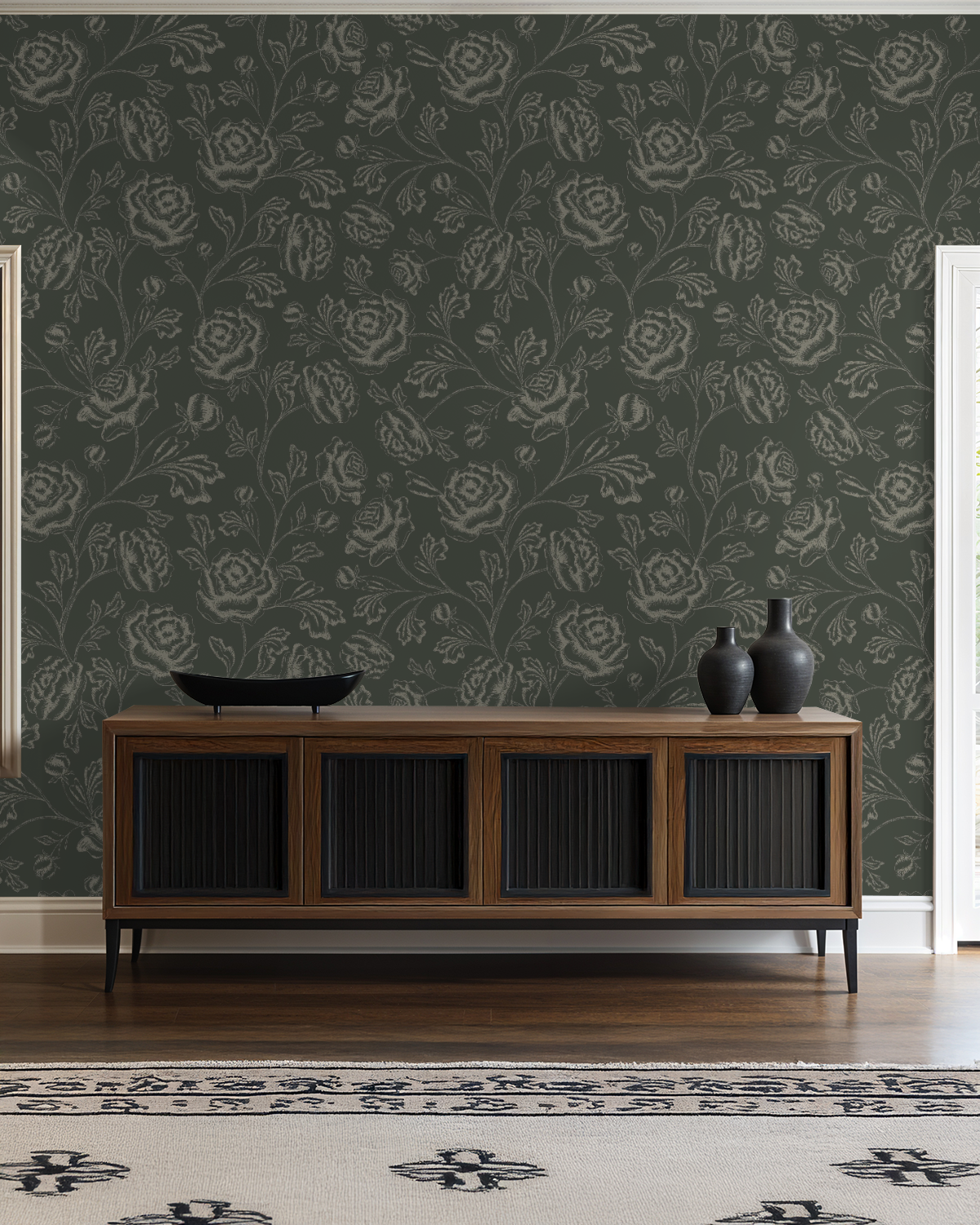 Magdalene Roses - Toile - Deep Forest Green - Large Scale