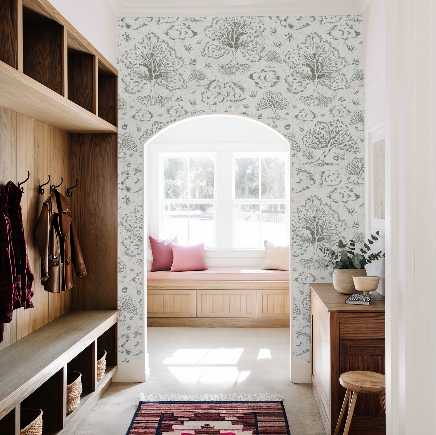 Orchard Folklore Toile - Olive Green Off White Texture