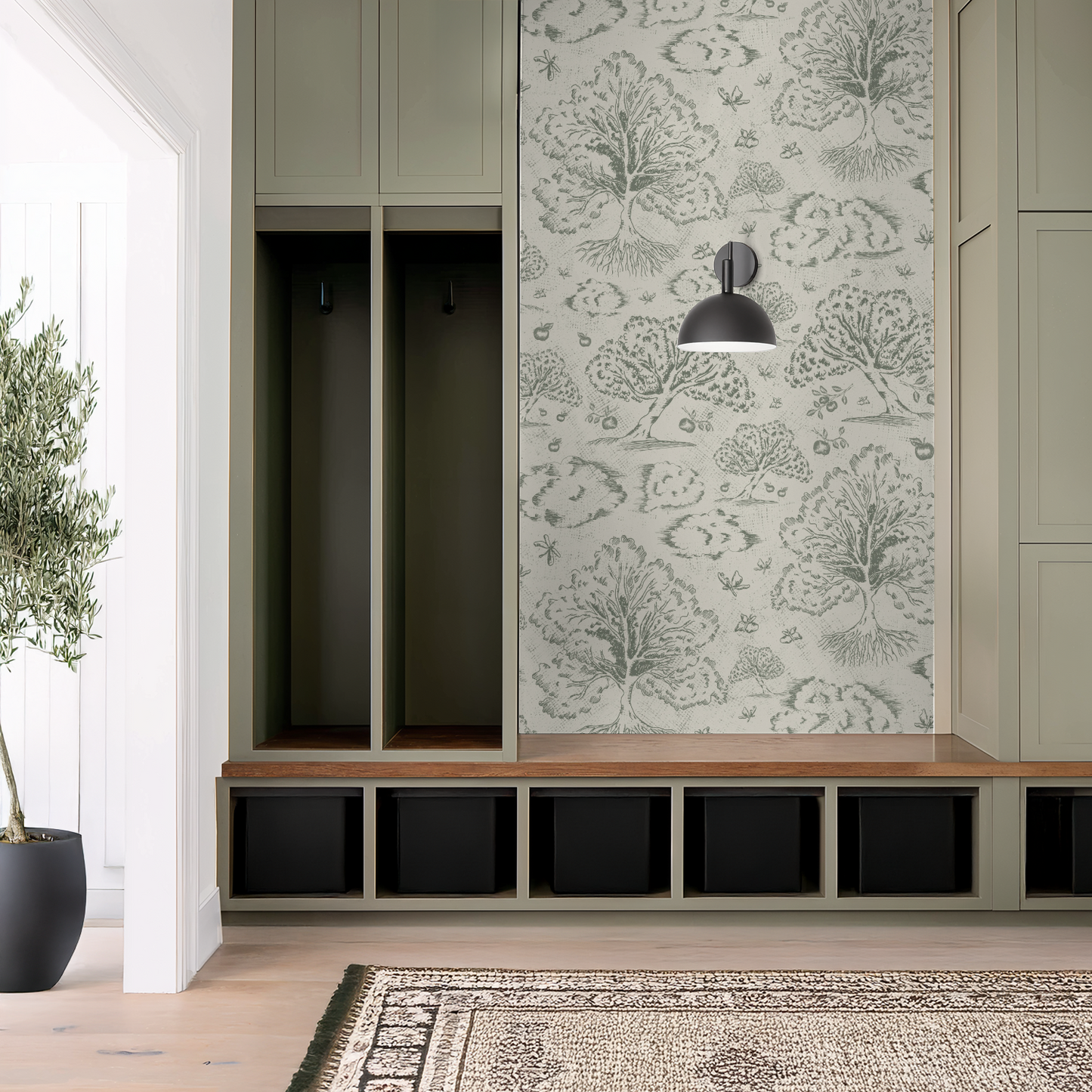 Orchard Folklore Toile - Olive Green Ivory Texture