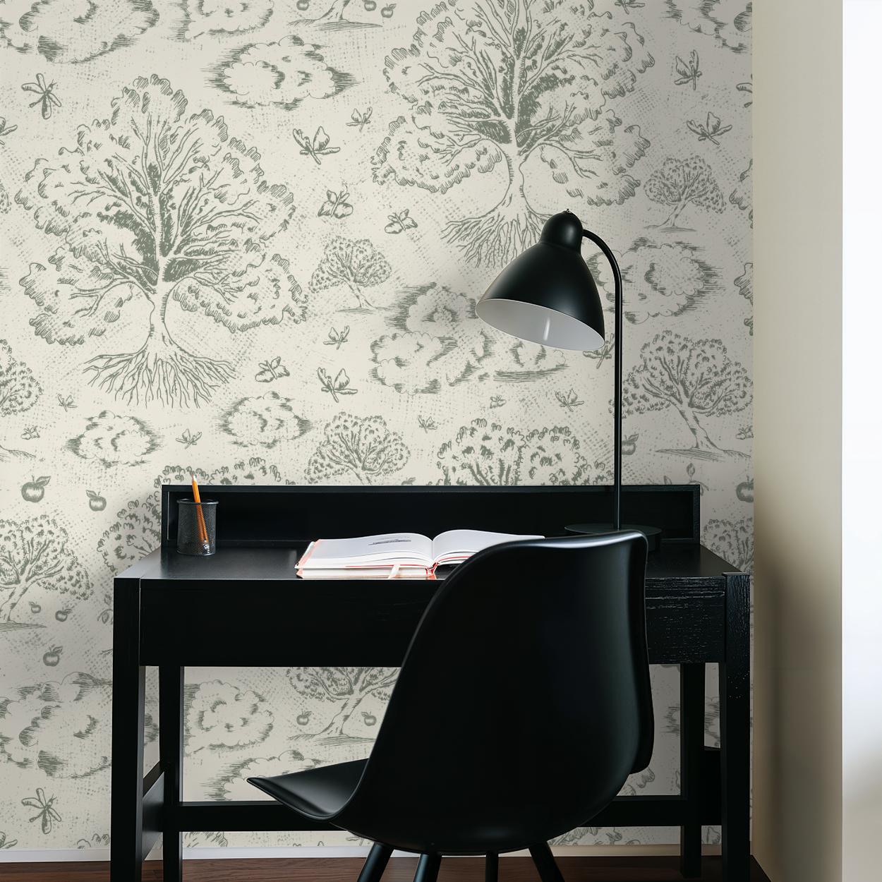 Orchard Folklore Toile - Olive Green Ivory Texture