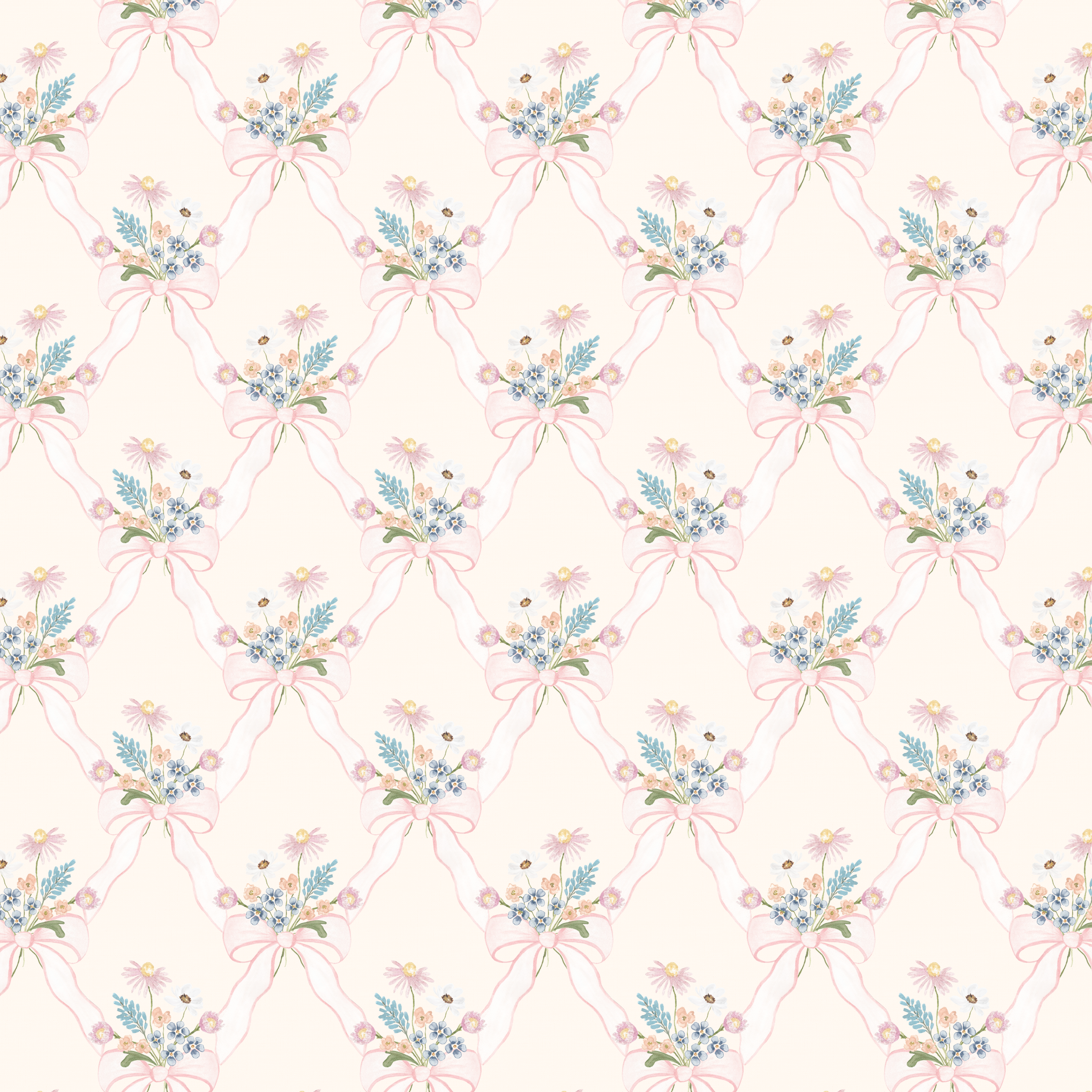 A whimsical watercolor wallpaper pattern featuring hand-painted bows and floral bouquets. This feminine design showcases soft pastel tones, including blush pink ribbons and delicate wildflowers like daisies, bluebells, and anemones—perfect for nursery wallpaper, vintage-inspired kids’ rooms, or romantic cottagecore interiors.