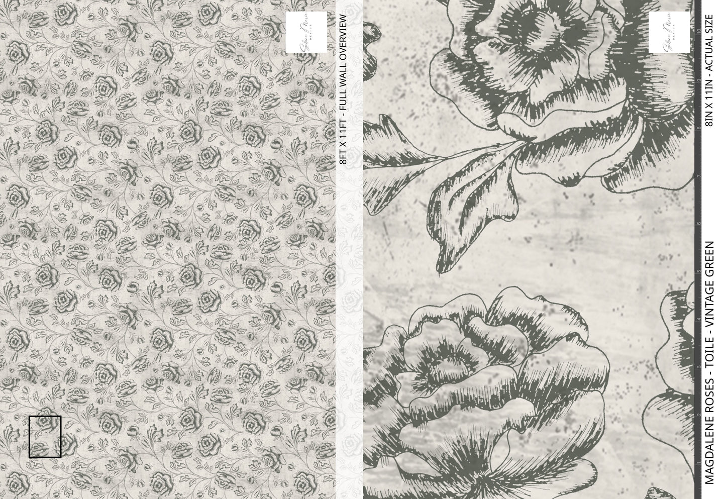 Magdalene Roses - Toile - Vintage Green - Large Scale