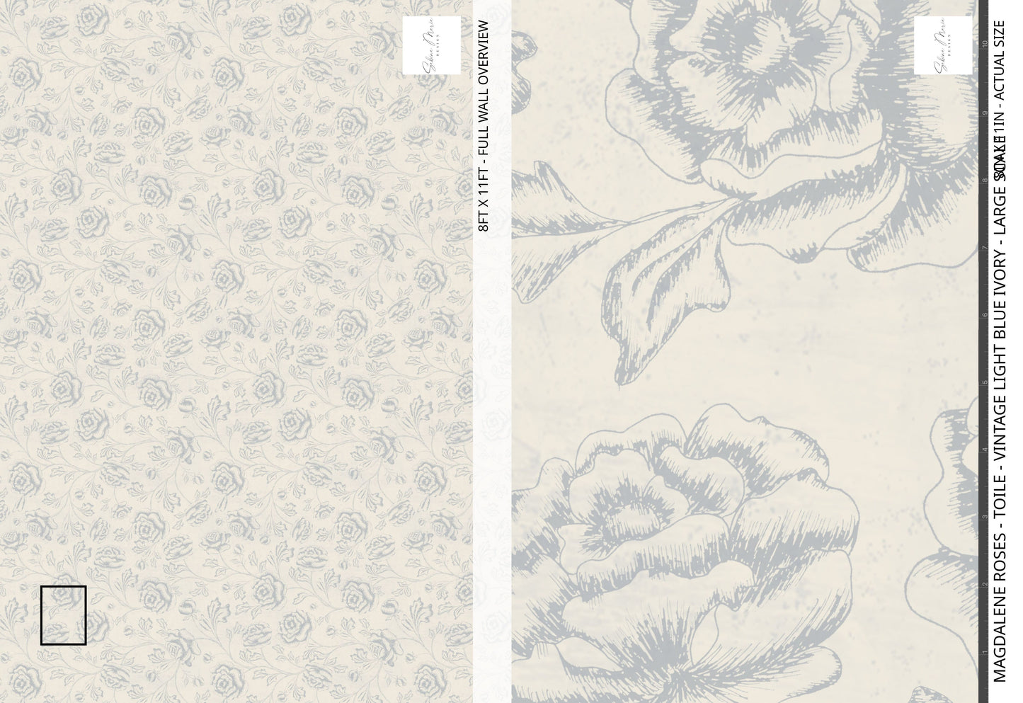 Magdalene Roses - Toile - Vintage Light Blue Ivory - Large Scale