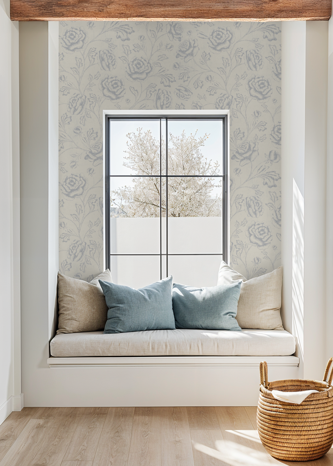 Magdalene Roses - Toile - Vintage Light Blue Ivory - Large Scale
