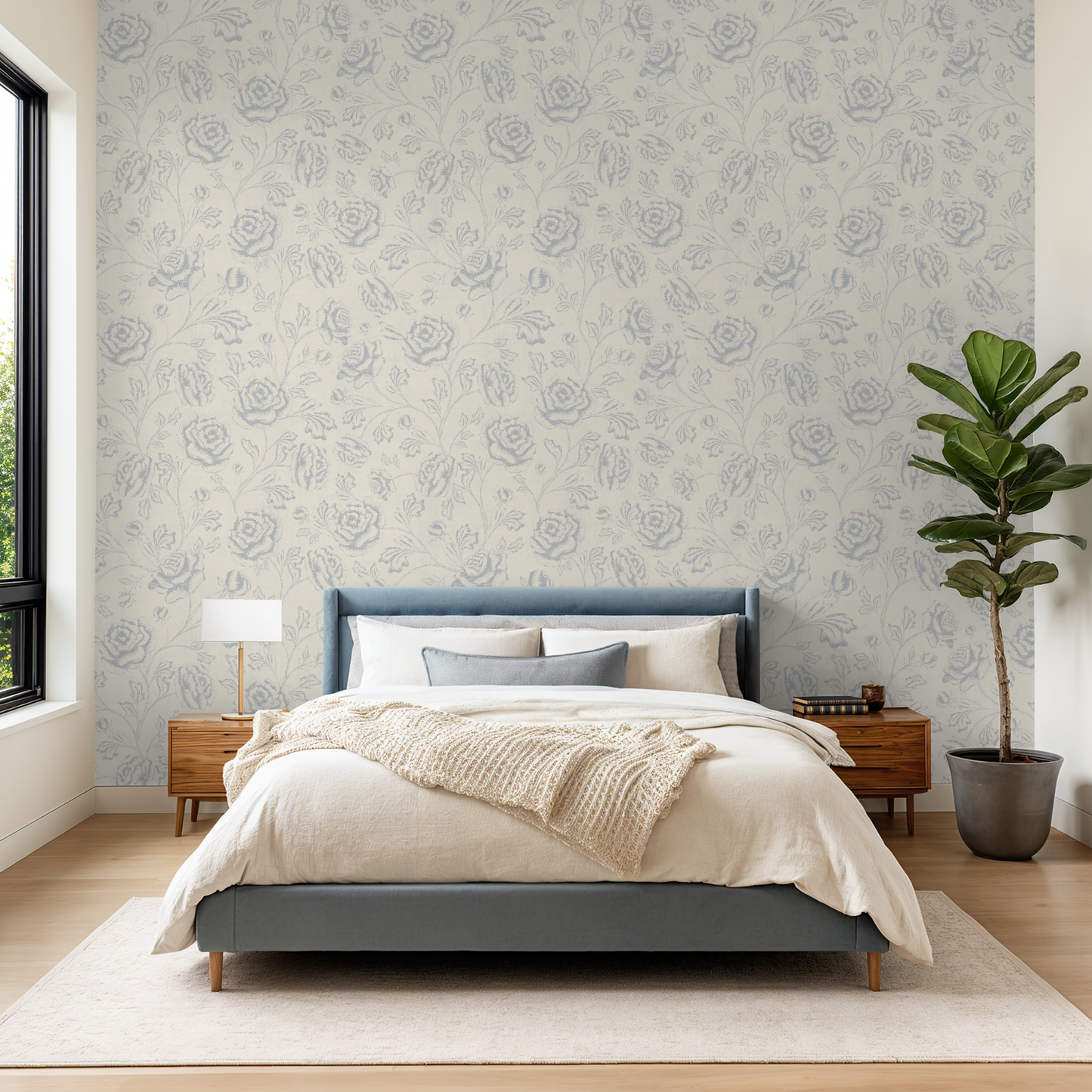 Magdalene Roses - Toile - Vintage Light Blue Ivory - Large Scale