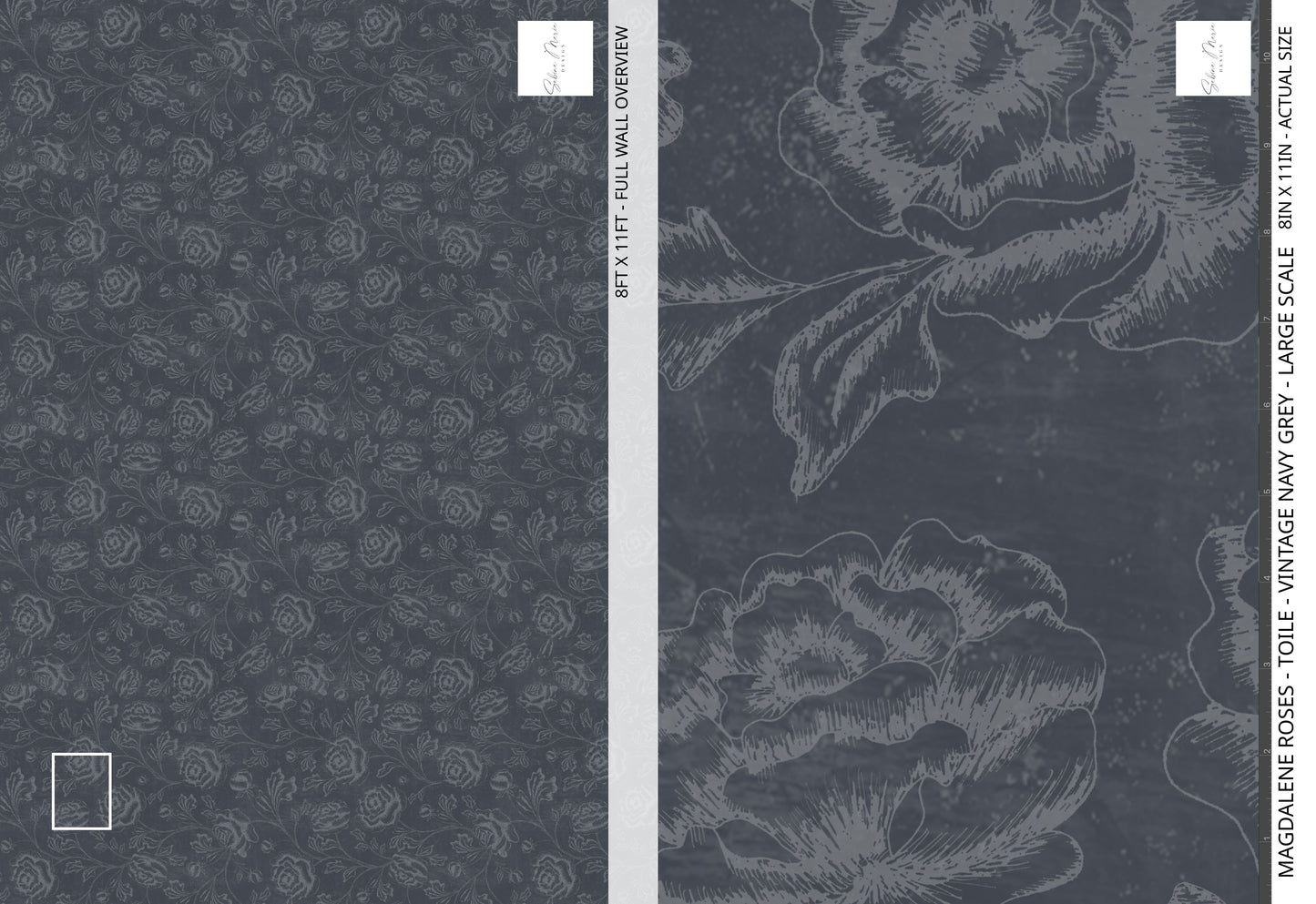 Magdalene Roses - Toile - Vintage Navy Grey - Large Scale