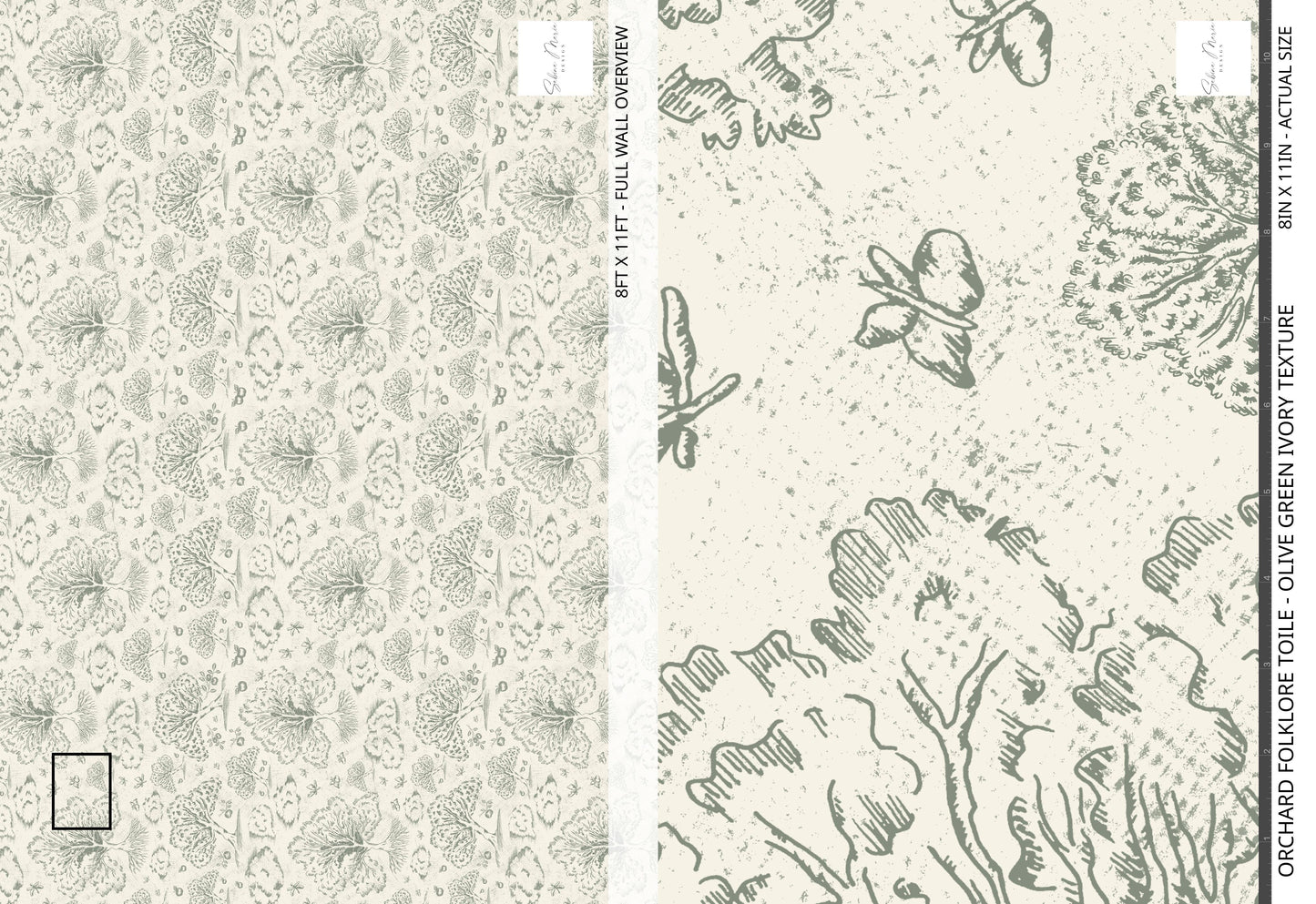 Orchard Folklore Toile - Olive Green Ivory Texture