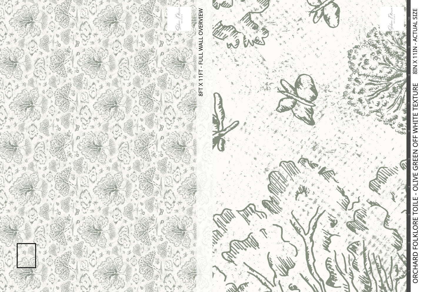 Orchard Folklore Toile - Olive Green Off White Texture