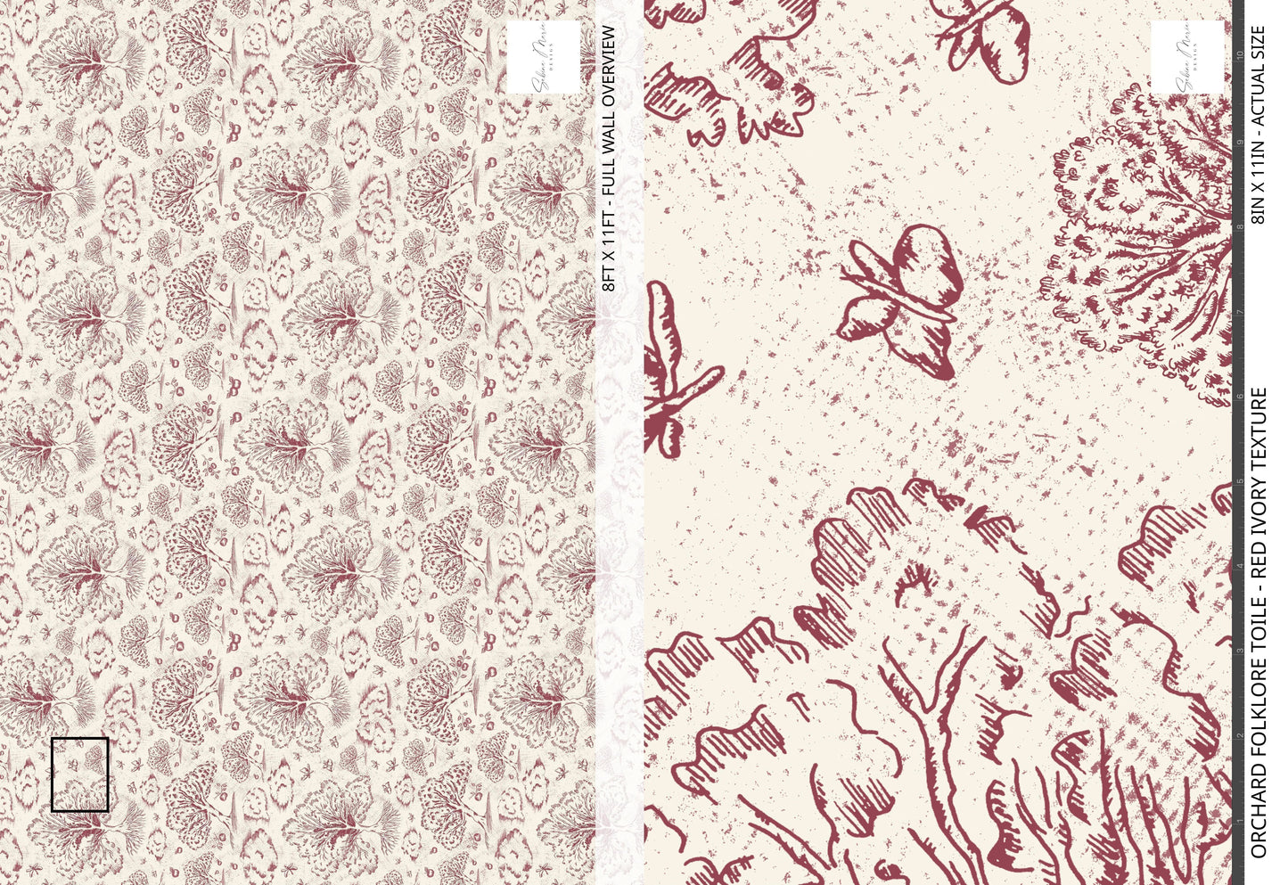 Orchard Folklore Toile - Red Ivory Texture
