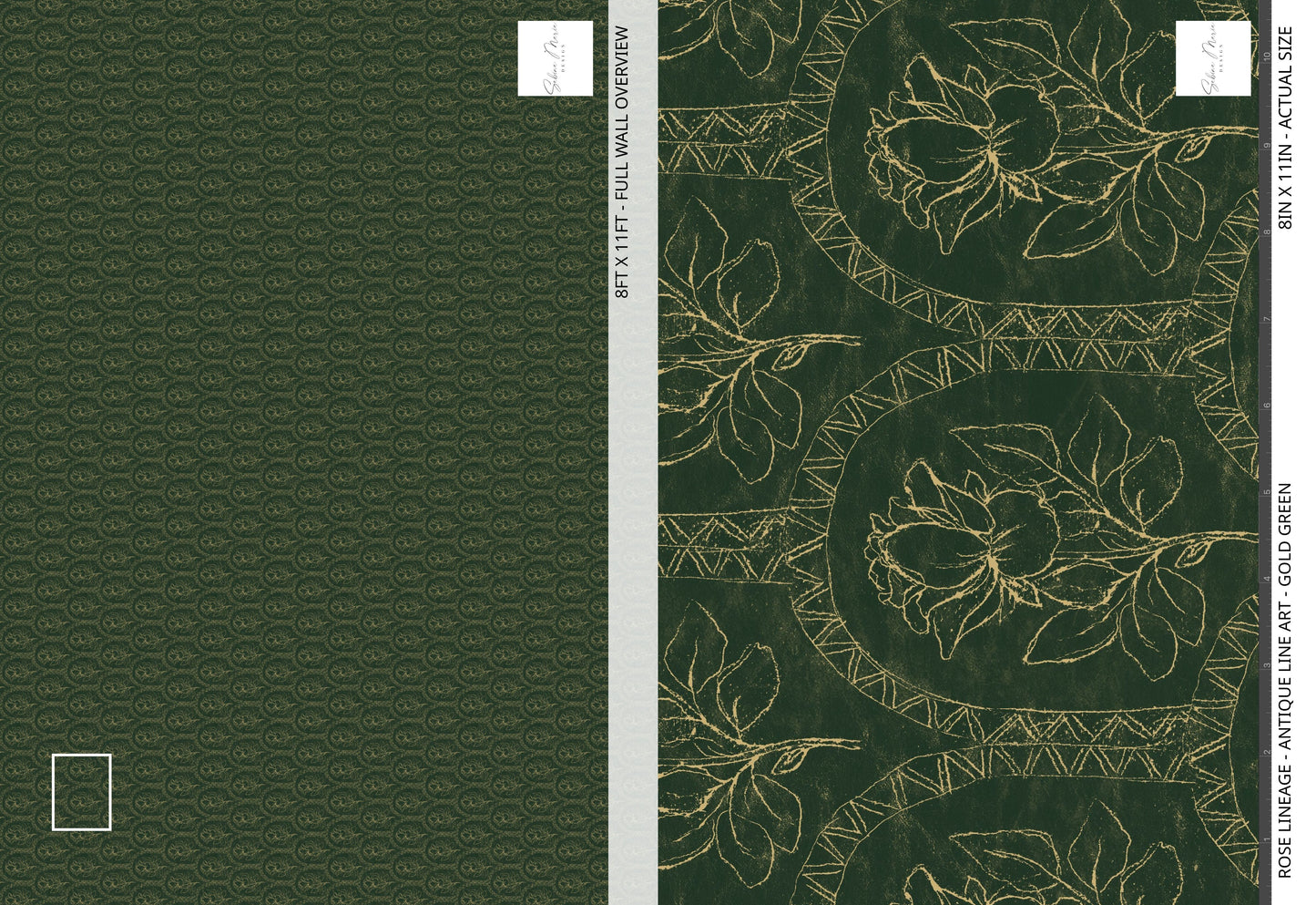 Rose Lineage - Antique Line Art - Gold Green