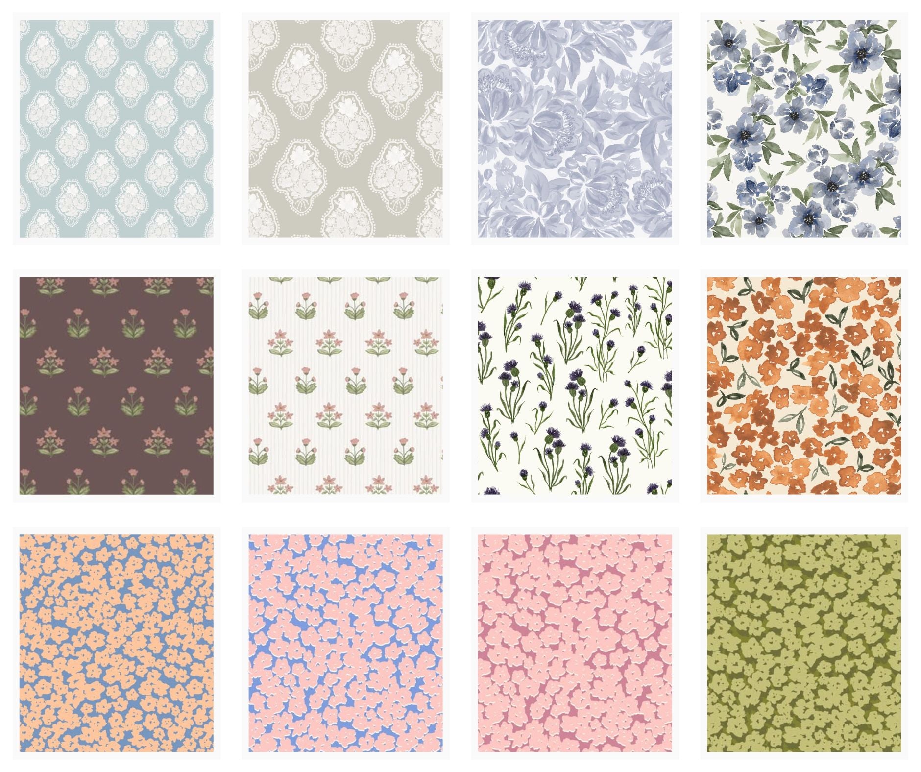 A curated grid of watercolor floral and abstract patterns by Sabina Maria Design, a Polish-Canadian surface pattern designer and artist. Featuring soft, hand-painted details perfect for wallpaper, textiles, home décor, and product licensing. Explore her signature feminine style, including romantic botanicals, vintage-inspired motifs, and painterly brushstrokes designed for seamless repeat across home and lifestyle goods.