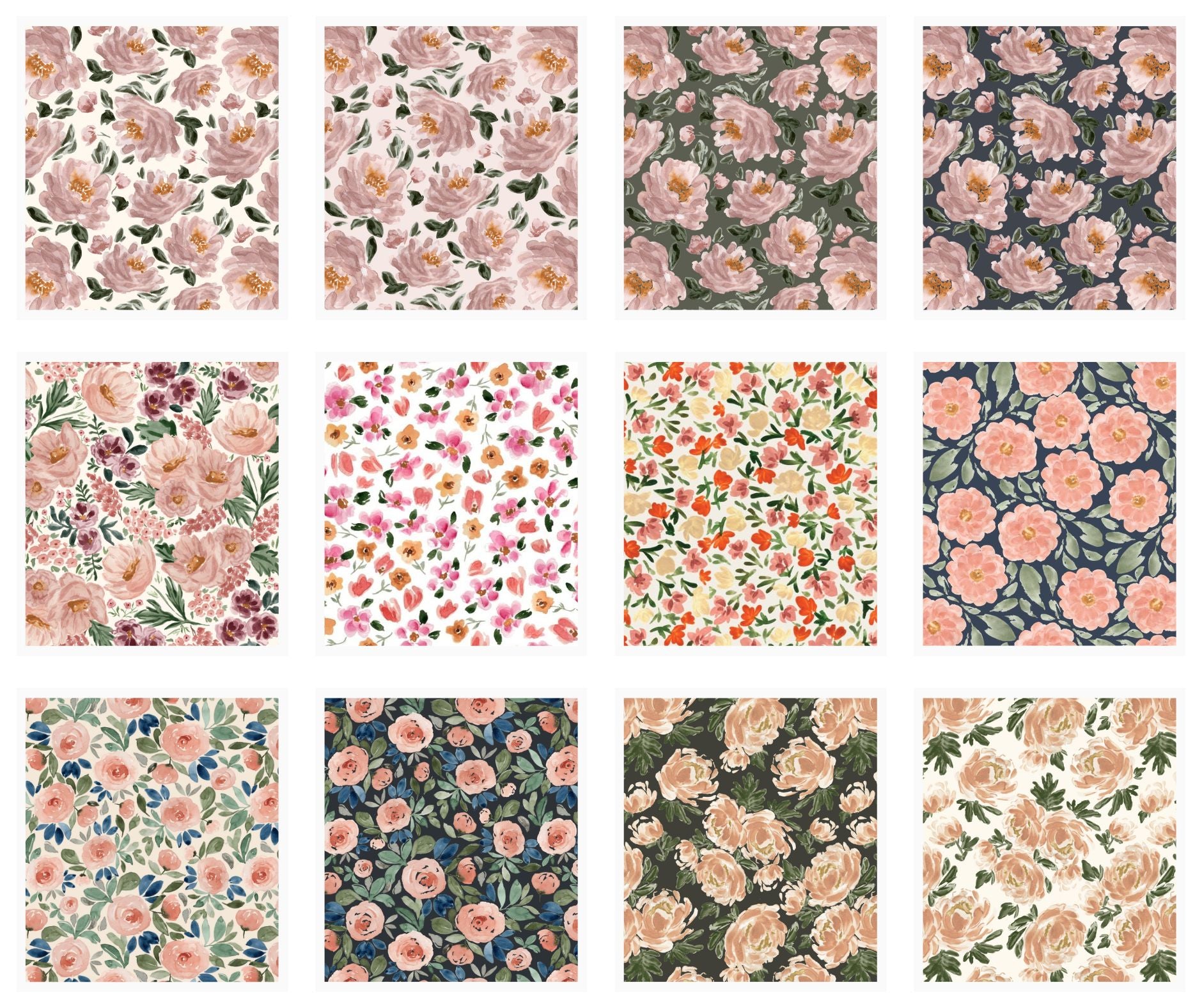 Grid of soft watercolor floral and abstract patterns by Polish-Canadian artist Sabina Maria Design, created for wallpaper, fabric, home décor, and surface pattern licensing.