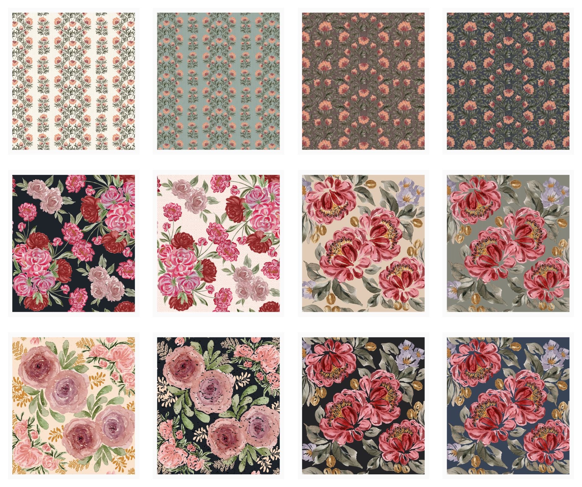 Grid of soft watercolor floral and abstract patterns by Polish-Canadian artist Sabina Maria Design, created for wallpaper, fabric, home décor, and surface pattern licensing.