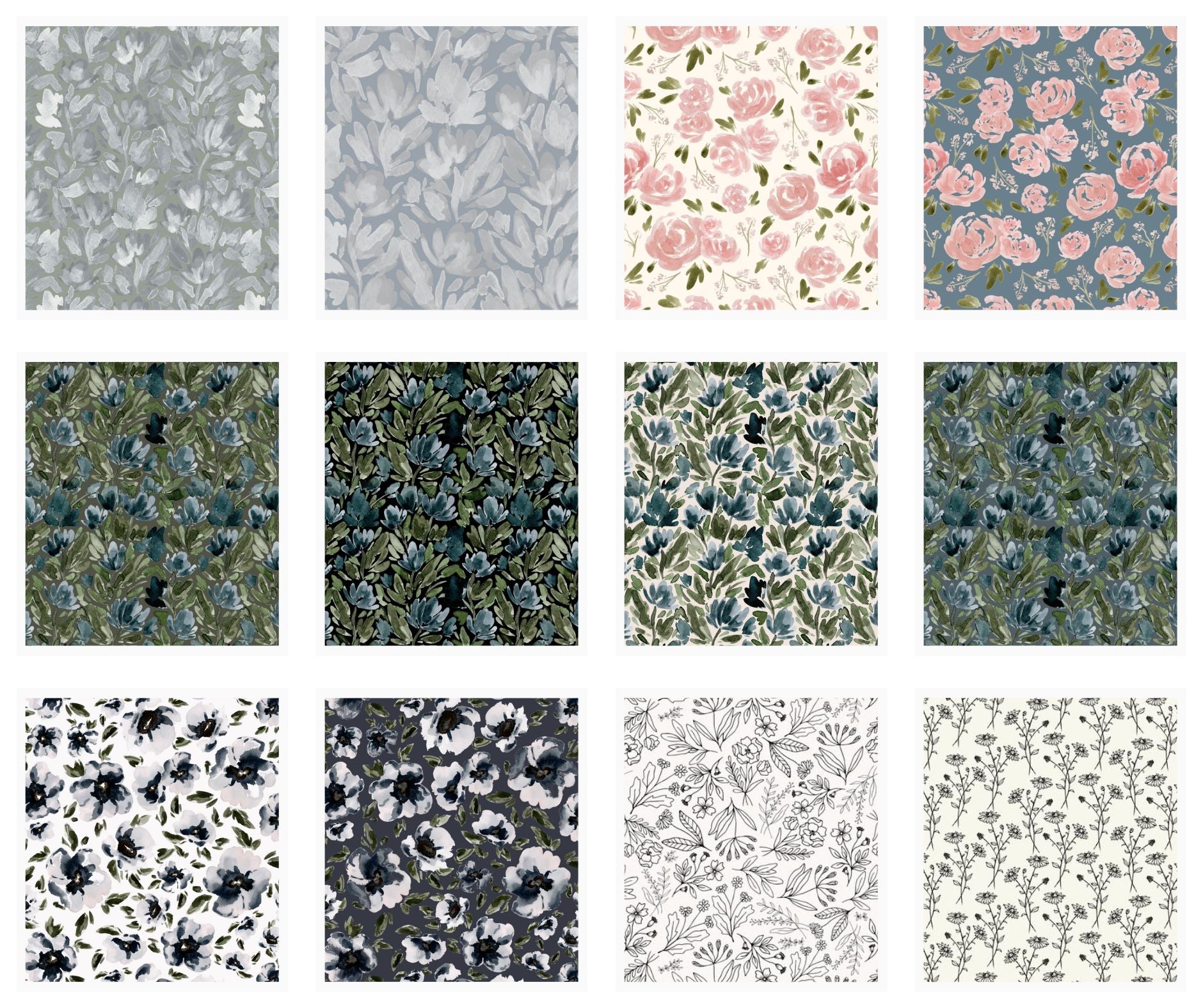 Grid of soft watercolor floral and abstract patterns by Polish-Canadian artist Sabina Maria Design, created for wallpaper, fabric, home décor, and surface pattern licensing.