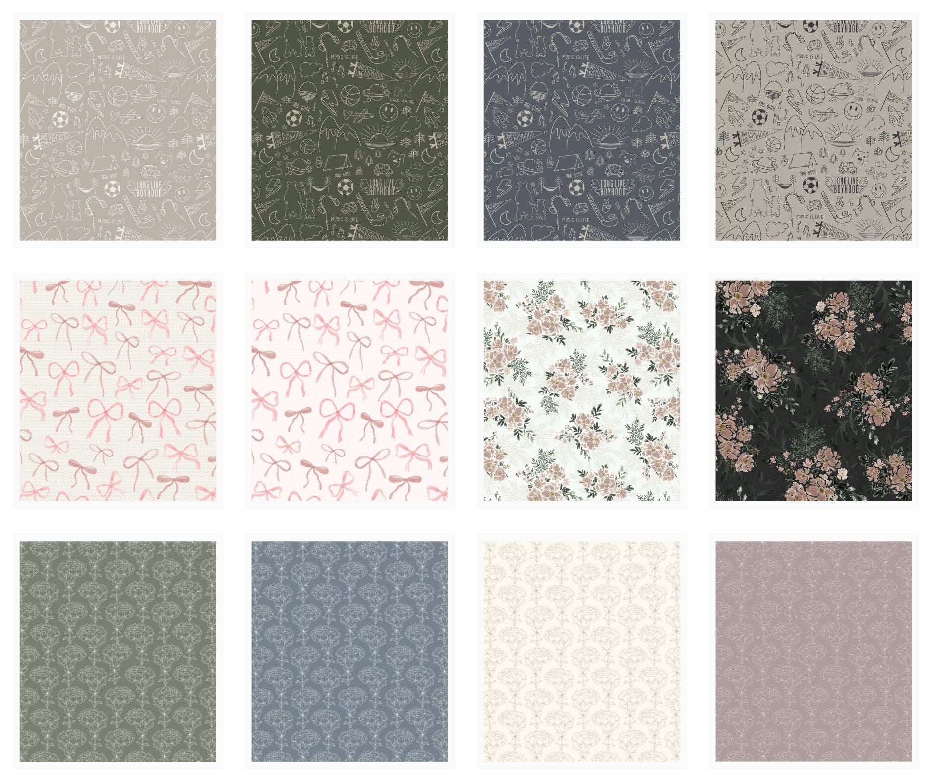 Grid of soft watercolor floral and abstract patterns by Polish-Canadian artist Sabina Maria Design, created for wallpaper, fabric, home décor, and surface pattern licensing.
