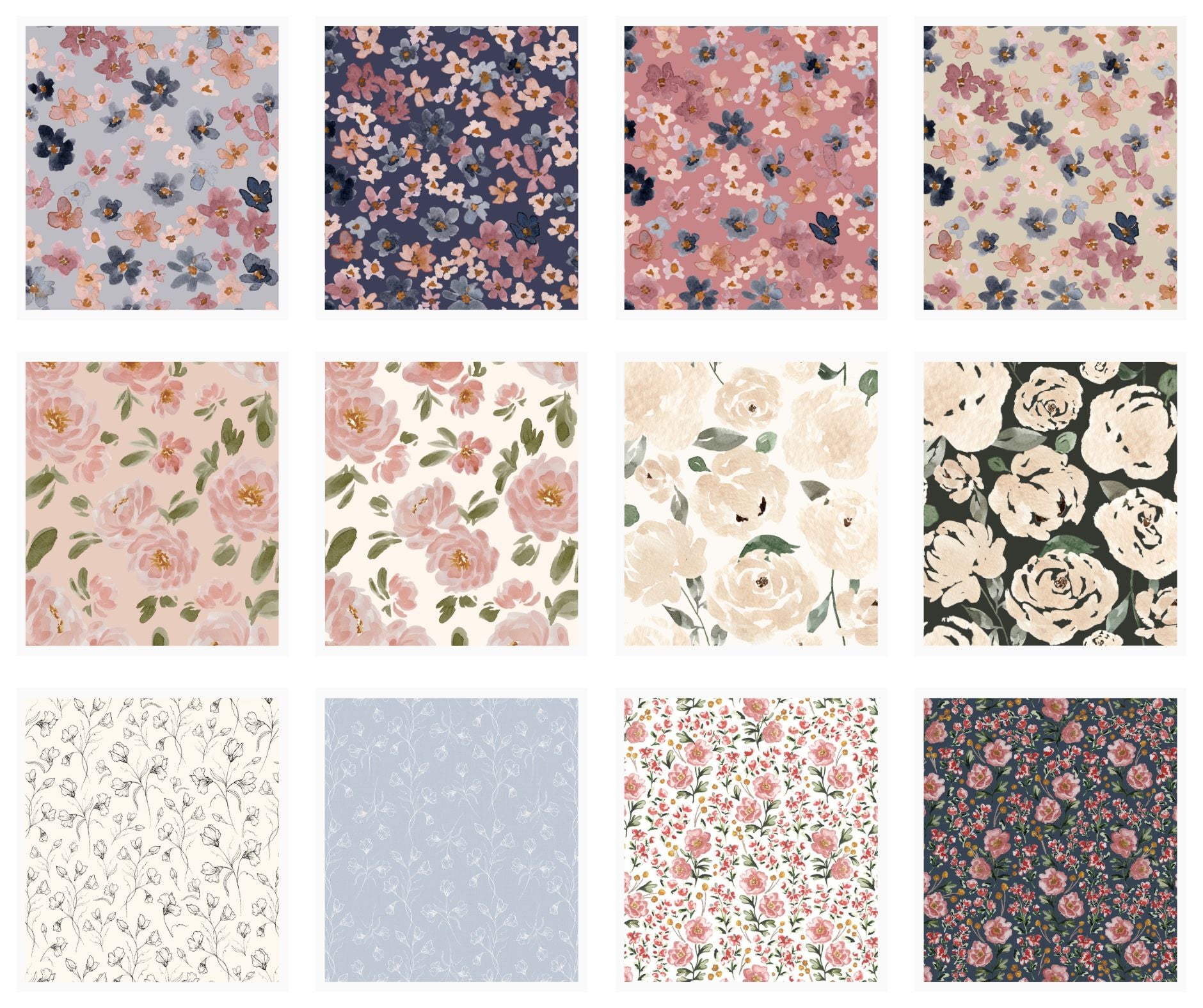 Grid of soft watercolor floral and abstract patterns by Polish-Canadian artist Sabina Maria Design, created for wallpaper, fabric, home décor, and surface pattern licensing.