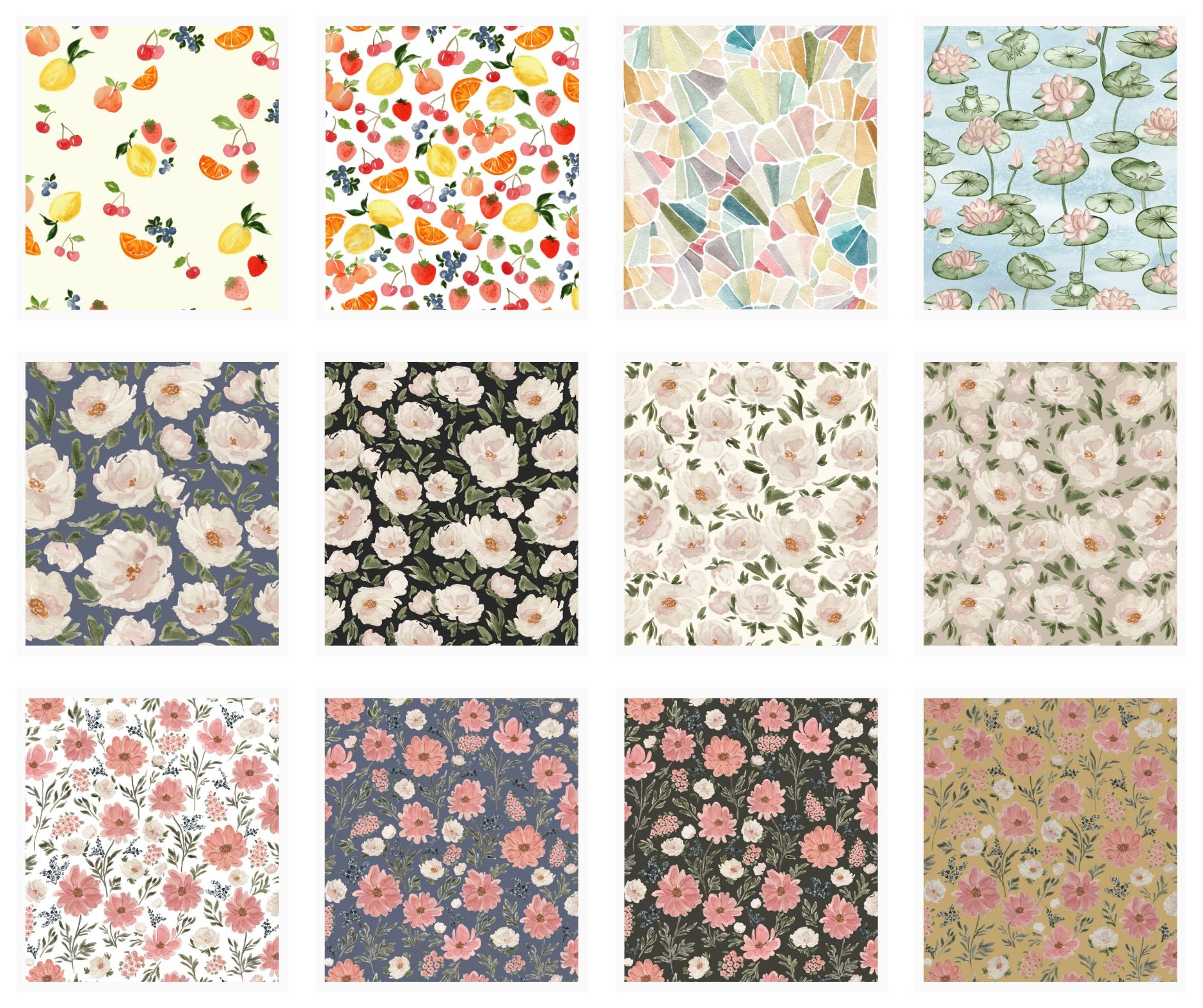 A curated grid of watercolor floral and abstract patterns by Sabina Maria Design, a Polish-Canadian surface pattern designer and artist. Featuring soft, hand-painted details perfect for wallpaper, textiles, home décor, and product licensing. Explore her signature feminine style, including romantic botanicals, vintage-inspired motifs, and painterly brushstrokes designed for seamless repeat across home and lifestyle goods.