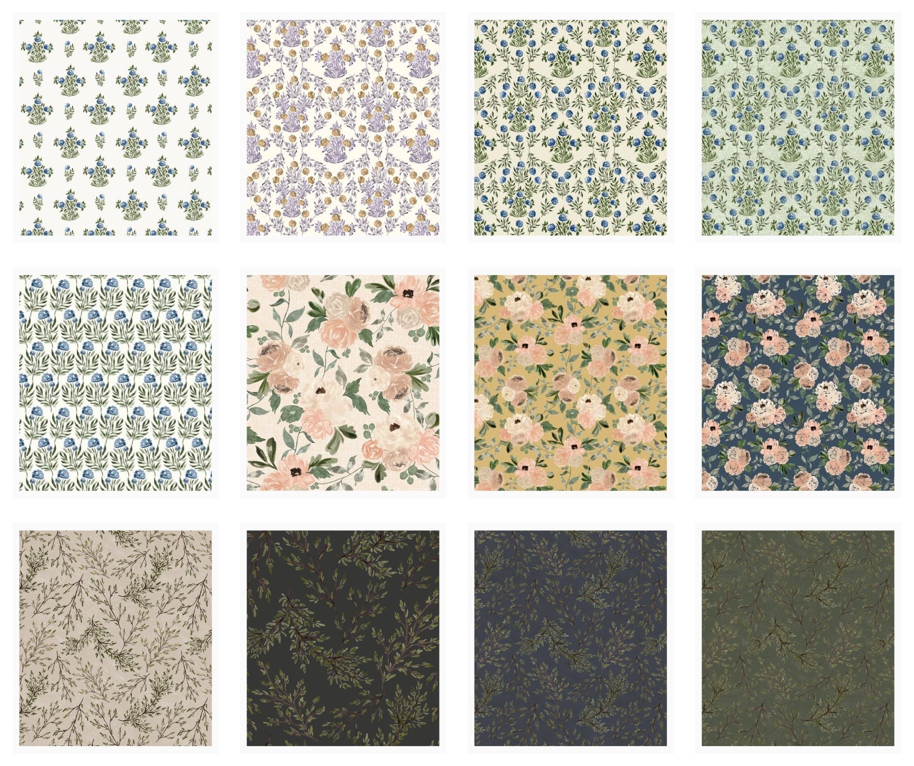 Grid of soft watercolor floral and abstract patterns by Polish-Canadian artist Sabina Maria Design, created for wallpaper, fabric, home décor, and surface pattern licensing.