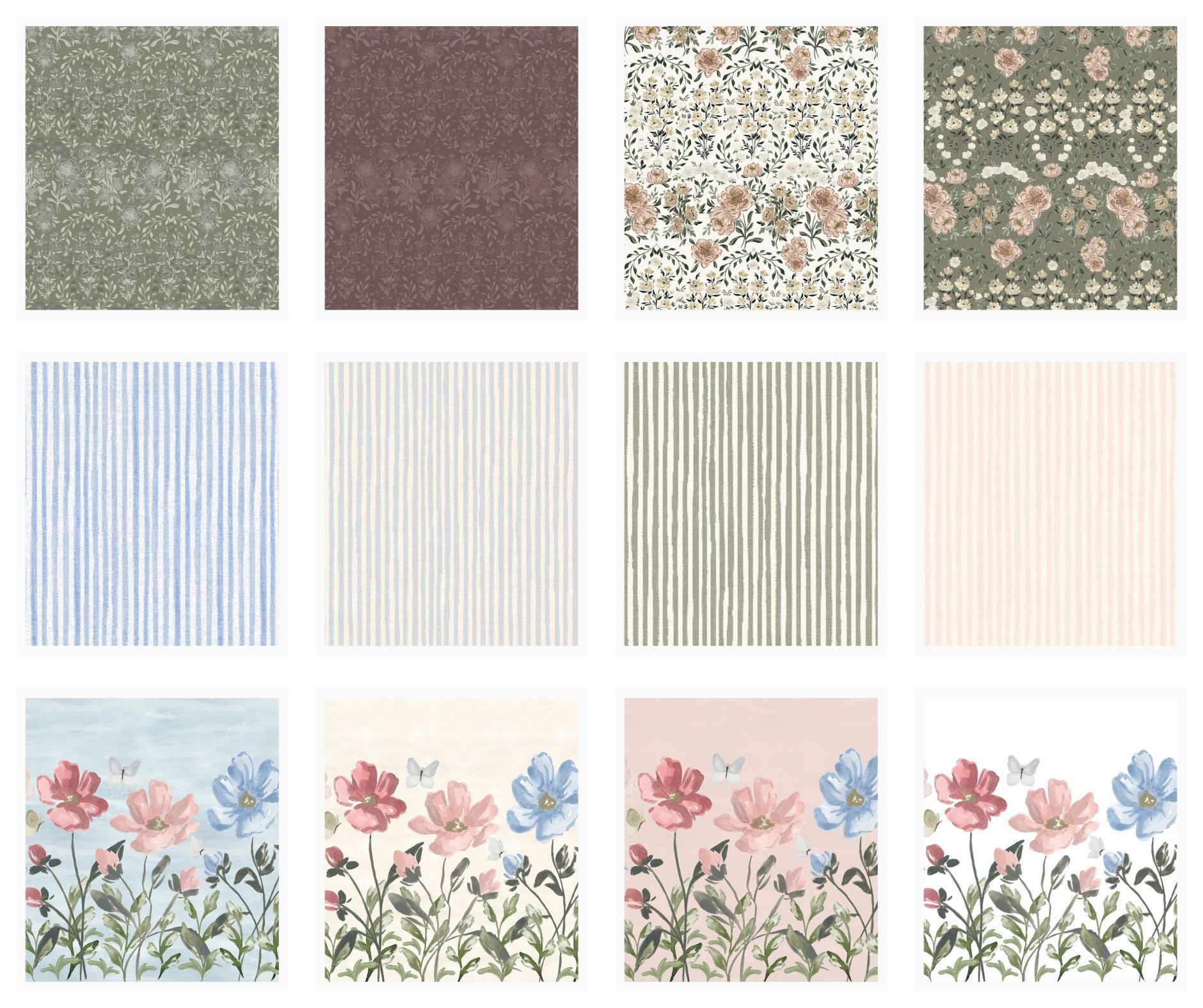 Collection of various fabric patterns including floral, striped, and solid colors.