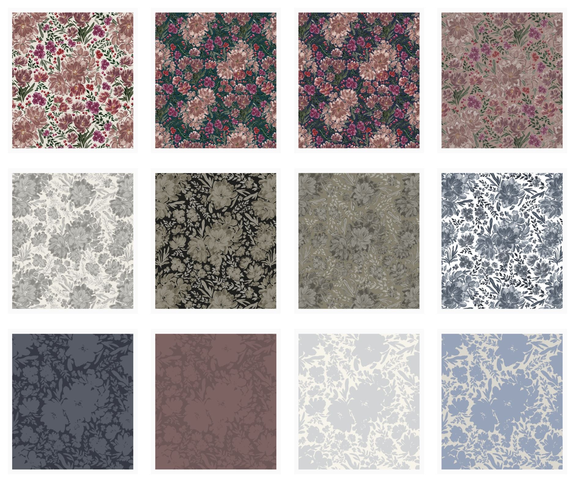 Grid of soft watercolor floral and abstract patterns by Polish-Canadian artist Sabina Maria Design, created for wallpaper, fabric, home décor, and surface pattern licensing.