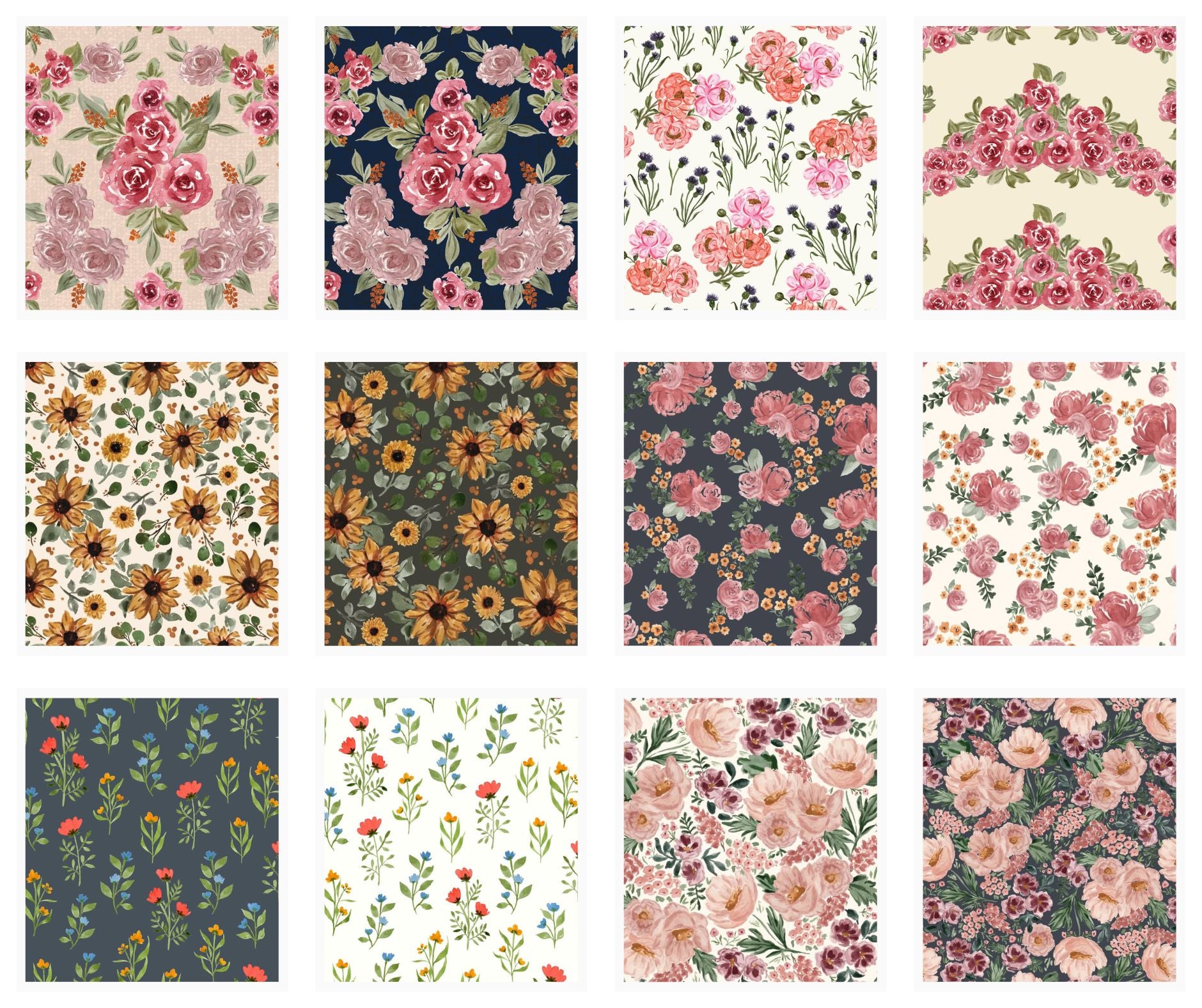 Grid of soft watercolor floral and abstract patterns by Polish-Canadian artist Sabina Maria Design, created for wallpaper, fabric, home décor, and surface pattern licensing.