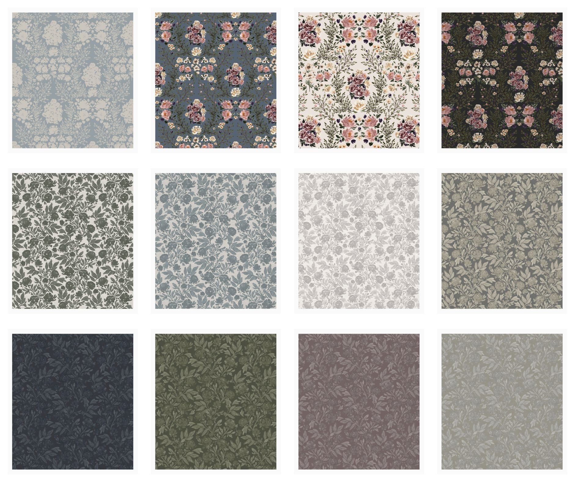 Grid of soft watercolor floral and abstract patterns by Polish-Canadian artist Sabina Maria Design, created for wallpaper, fabric, home décor, and surface pattern licensing.