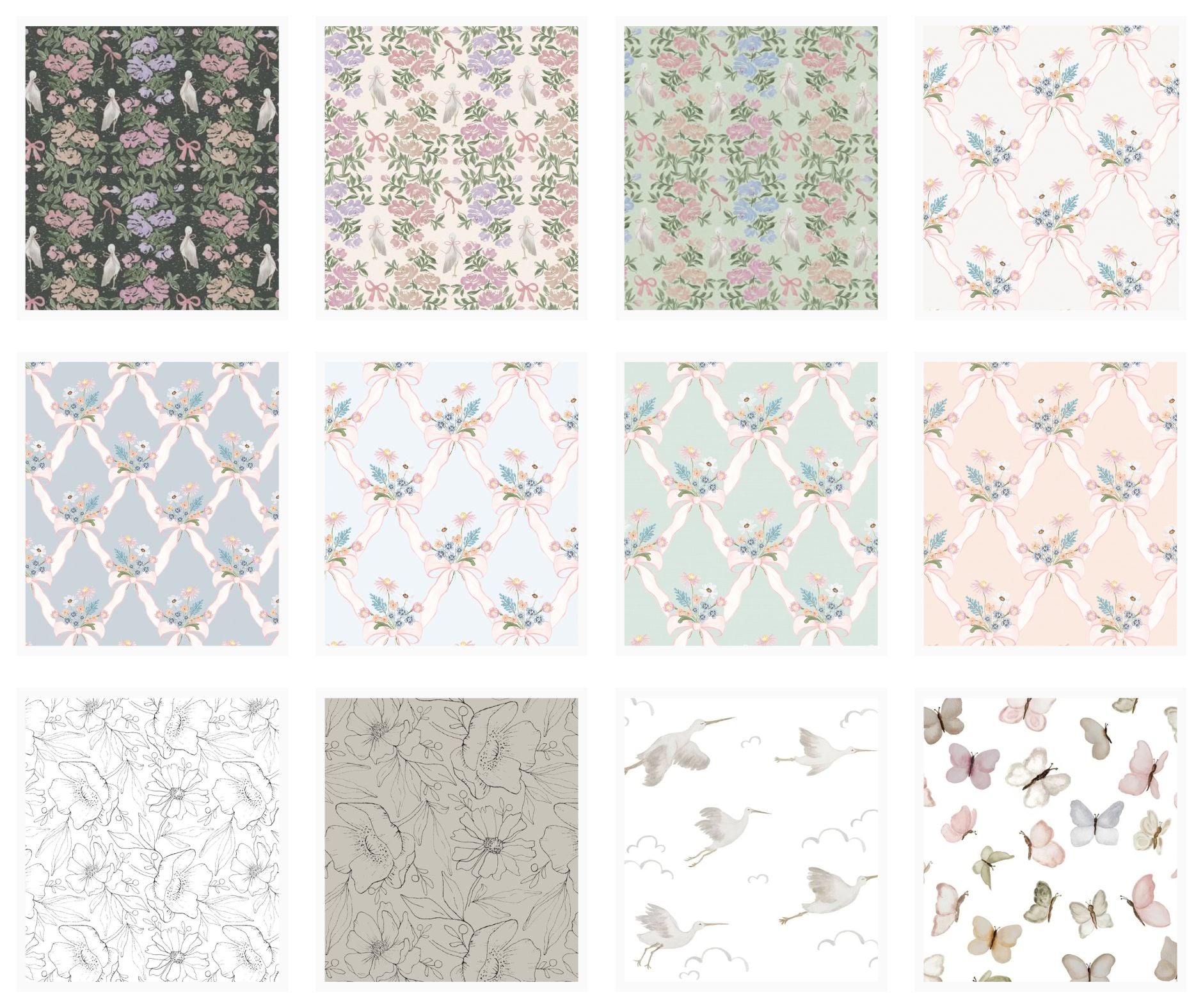 Grid of various floral and abstract patterns on a white background by Sabina Maria Design, a Polish Canadian watercolour artist and surface pattern designer fro wallpaper, textiles, home decor goods & licensing.