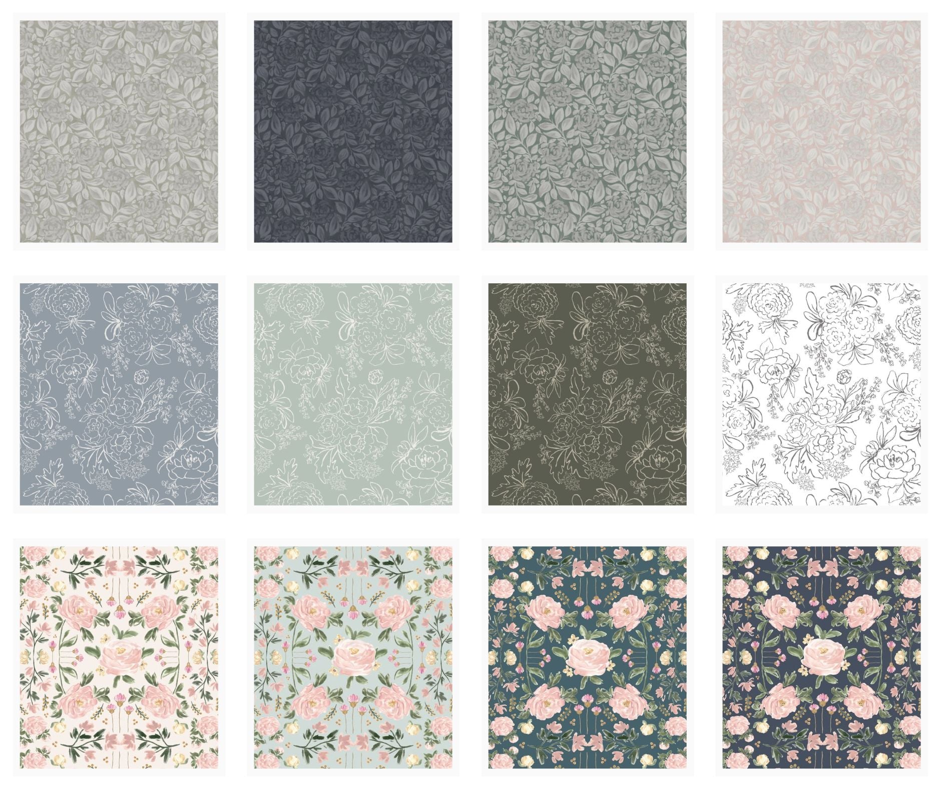Grid of soft watercolor floral and abstract patterns by Polish-Canadian artist Sabina Maria Design, created for wallpaper, fabric, home décor, and surface pattern licensing.