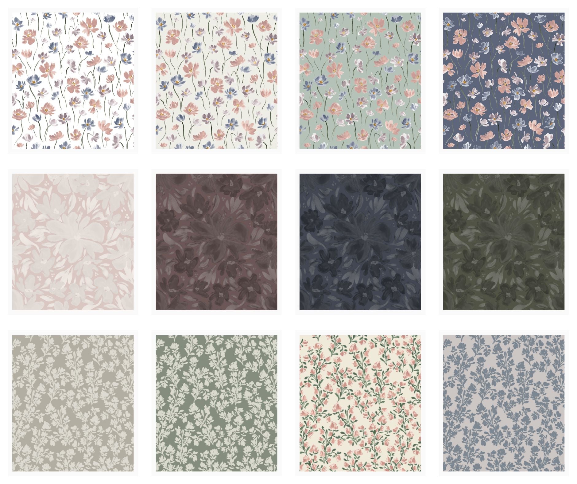 A curated grid of watercolor floral and abstract patterns by Sabina Maria Design, a Polish-Canadian surface pattern designer and artist. Featuring soft, hand-painted details perfect for wallpaper, textiles, home décor, and product licensing. Explore her signature feminine style, including romantic botanicals, vintage-inspired motifs, and painterly brushstrokes designed for seamless repeat across home and lifestyle goods.