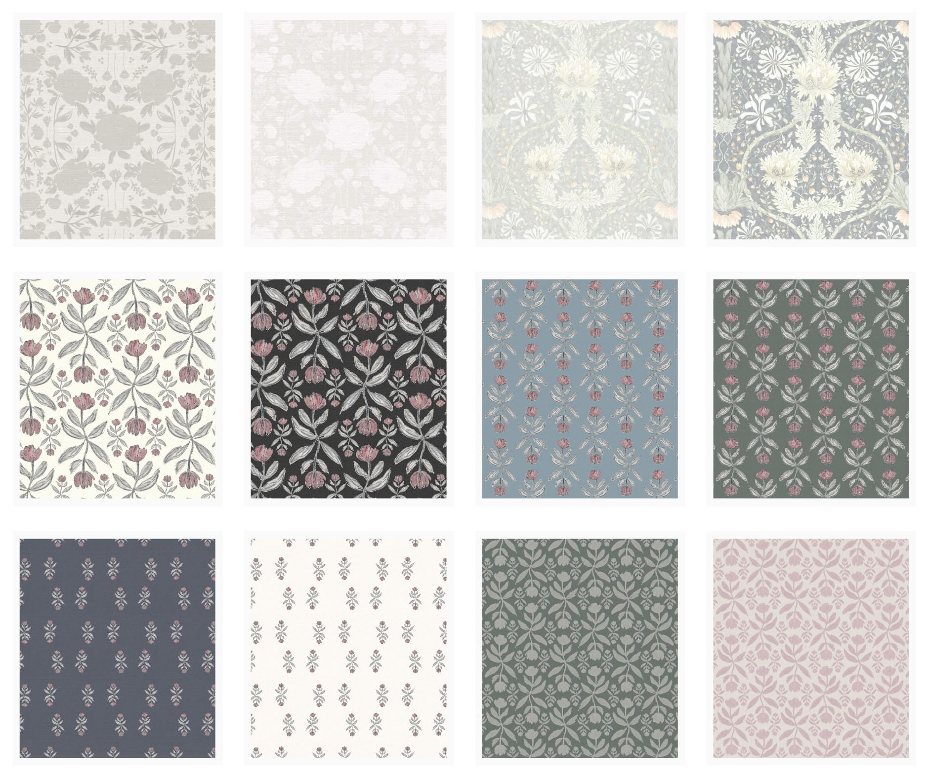 A curated grid of watercolor floral and abstract patterns by Sabina Maria Design, a Polish-Canadian surface pattern designer and artist. Featuring soft, hand-painted details perfect for wallpaper, textiles, home décor, and product licensing. Explore her signature feminine style, including romantic botanicals, vintage-inspired motifs, and painterly brushstrokes designed for seamless repeat across home and lifestyle goods.