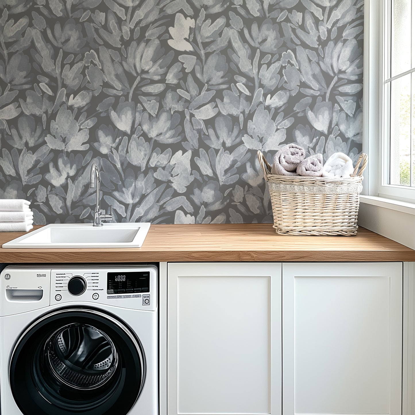 Serene Tulip Vines - Charcoal Grey