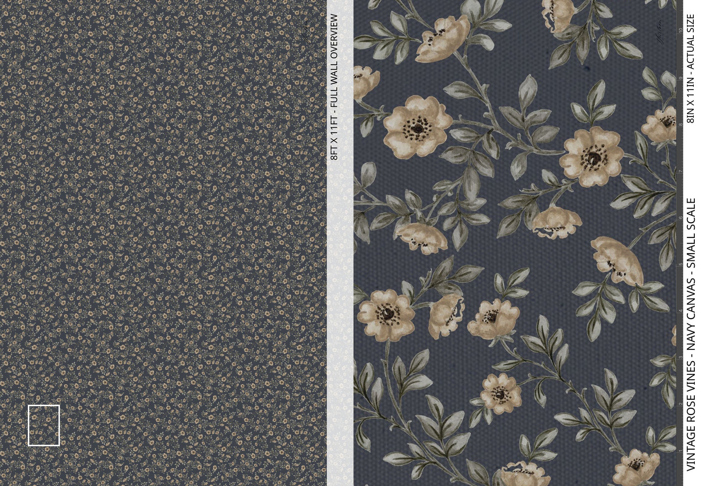 Vintage Rose Vines - Navy Canvas - Small Scale