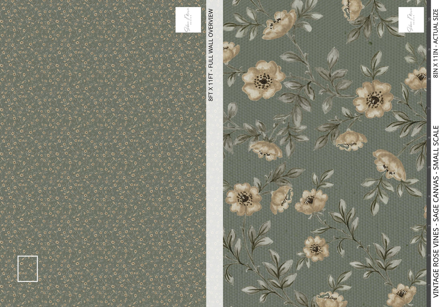 Vintage Rose Vines - Sage Canvas - Small Scale