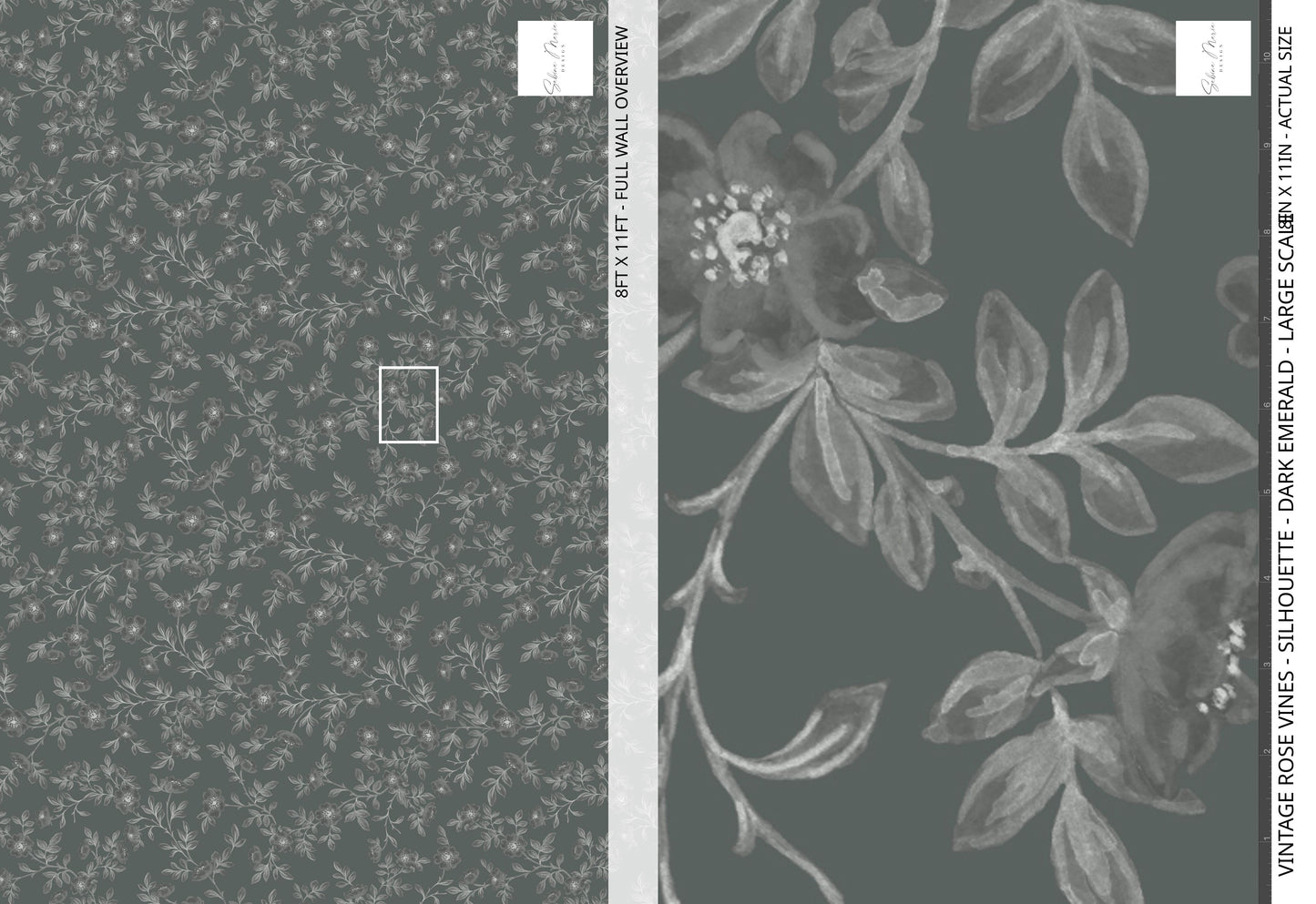 Vintage Rose Vines - Silhouette - Dark Emerald - Large Scale