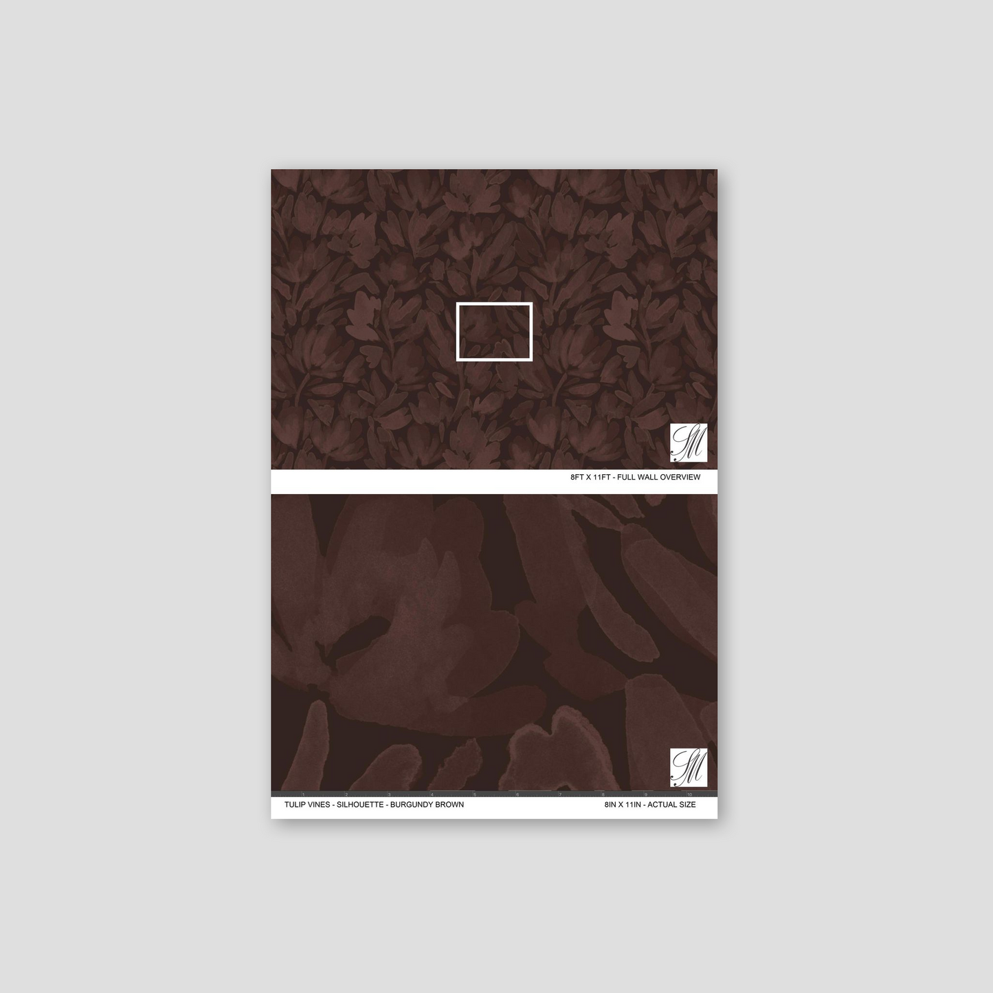 Burgundy brown floral wallpaper sample with tulip vine pattern.