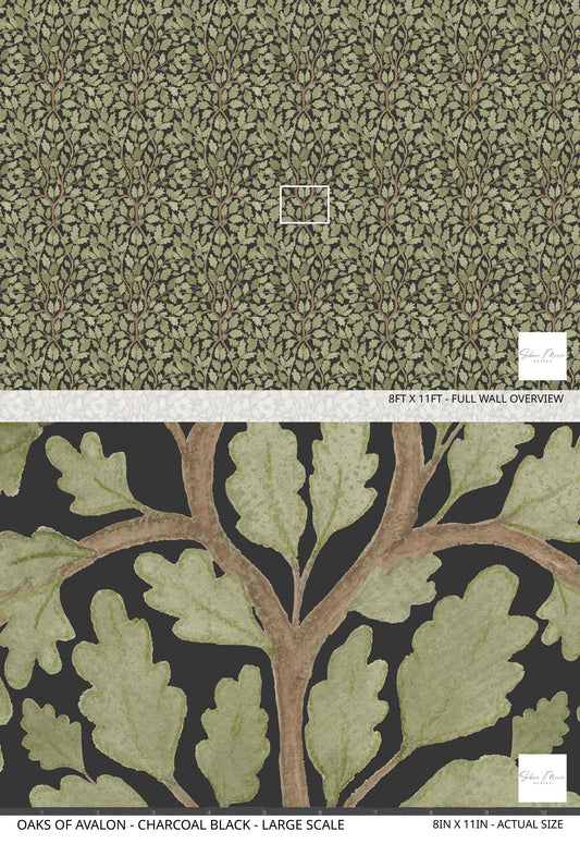 Leafy green motifs on black background wallpaper, nature-inspired design.