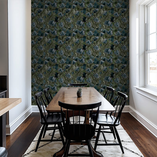 Olive green floral wallpaper with tulip vines in a modern dining room setting.