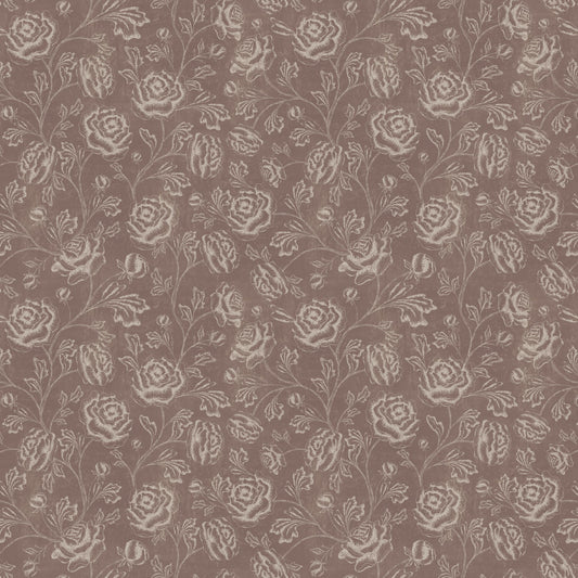 Rustic brown wallpaper with ivory floral toile pattern, vintage style.