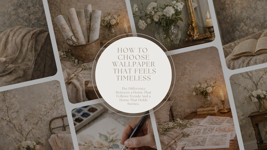 Collage of timeless interior scenes featuring floral wallpaper, hand-painted artwork, heritage colour palettes, and story-inspired design details in soft, romantic spaces.