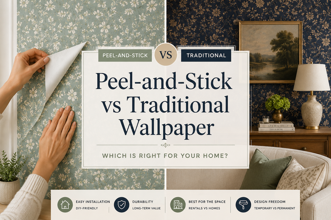 Peel-and-stick wallpaper versus traditional wallpaper comparison showing DIY wallpaper installation beside a professionally finished traditional wallpaper living room.