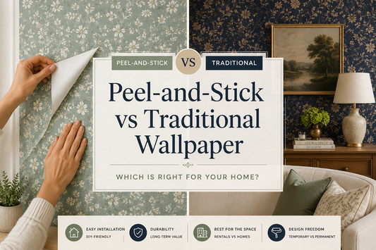 Peel-and-stick wallpaper versus traditional wallpaper comparison showing DIY wallpaper installation beside a professionally finished traditional wallpaper living room.