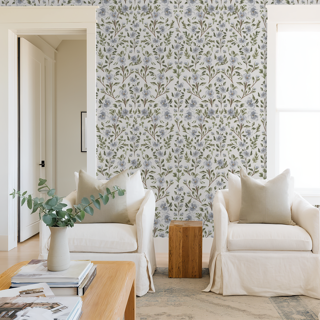 Isabelle Climbing Florals - Off White - Large Scale Wallpaper