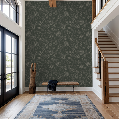 Magdalene Roses - Toile - Deep Forest Green - Large Scale
