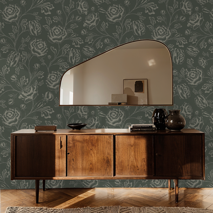 Magdalene Roses - Toile - Deep Forest Green - Large Scale