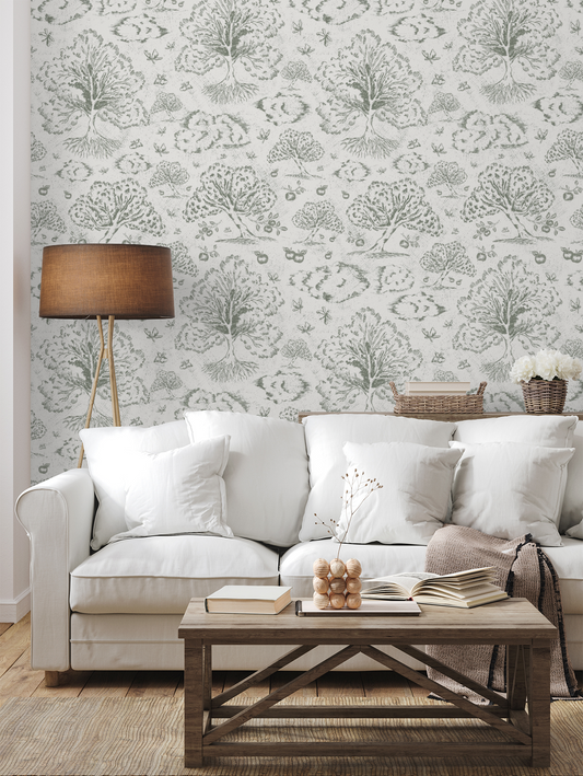 Orchard Folklore Toile - Olive Green Off White Texture
