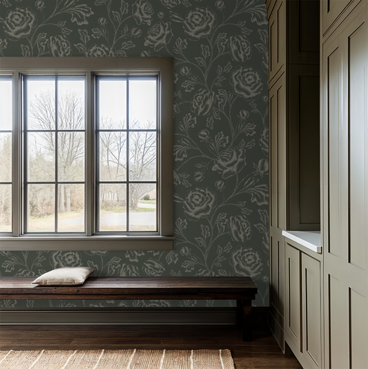 Magdalene Roses - Toile - Deep Forest Green - Large Scale