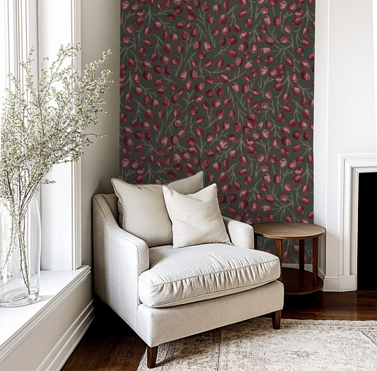 Hawthorn Berries - Watercolour - Dark Olive - Large Scale